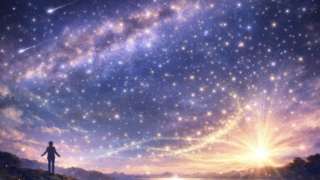 夜空と星を眺めながら静かに考え事をする人物のイラスト。焦りや不安を抱えつつも、少し立ち止まり、自分と向き合う時間を表現した柔らかいスピリチュアルイメージ。 引き寄せの法則を冷静に考える人物と星空のイラスト 引き寄せの法則 スピリチュアル 自己内省 思考整理 人生の転機 静かな時間 夜空 イラスト 星空 イラスト 考え事をする 人 悩み 考える 前向き 思考 心理学 思考 マインドセット 再スタート 立ち止まる 勇気 自分と向き合う 不安と向き合う 人生を考える 静かな希望 内面 成長